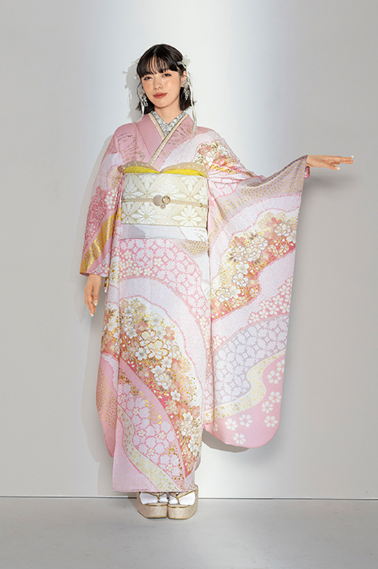 【mi・mimiri】アウトレット 155 中振袖 成人式 着物 美品 正統派古典 赤/オレンジ 菊柄 おしゃれ かわいい ポップ古典振袖